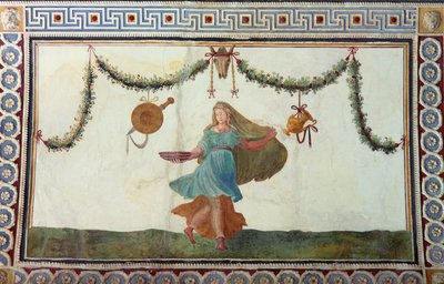 相机con Fregio di Amorini室内丘比特弗里兹天花板细节描绘一个女人拿着一个碗，1520年代壁画 作者 朱利奥·罗马诺