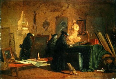 穿着狂欢节服装的鉴赏家们在有图片和艺术及科学物品的室内（布面油画）。 作者 朱塞佩·贝纳迪诺·比森