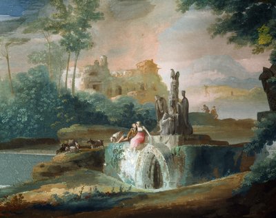 朱塞佩-贝尔纳迪诺-比森（1762-1844）在想象的风景中的牧羊人的加兰特场景。 作者 朱塞佩·贝纳迪诺·比森