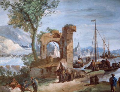 想象中的景象。带有废墟和瀑布的港口，由朱塞佩-贝尔纳迪诺-比森（1762-1844）创作。 作者 朱塞佩·贝纳迪诺·比森
