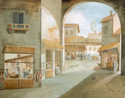 意大利朱塞佩-贝尔纳迪诺-比森（1762-1844）的《屠夫的商店》。 作者 朱塞佩·贝纳迪诺·比森