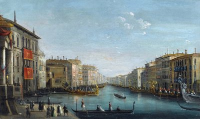 从巴尔比宫 (Palazzo Balbi) 望向里亚托桥 (Rialto Bridge) 和野牛 (Giuseppe Bernardino)（1762-1844 年）的大运河景观。 布面油画，尺寸：48,9x81,9， 作者 朱塞佩·贝纳迪诺·比森