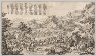 攻击加坦·奥拉（Gatan Ola）的营地：摘自叛乱镇压的战斗场景...，c。 1765-1774年。 作者 Giuseppe Castiglione