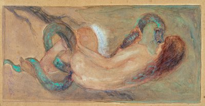 朱塞佩·吉利奥利 (Giuseppe Giglioli) 的《夏娃水彩画》（1881-1930）暗淡 11x23 厘米基因，现代艺术画廊，编号 0163 作者 朱塞佩·吉利奥利（Giuseppe Giglioli）