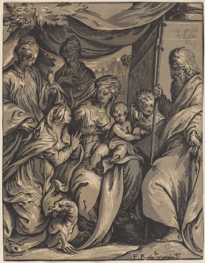 圣母子与圣人 作者 Giuseppe Nicolo Vicentino，在 Camillo Boccaccino 之后