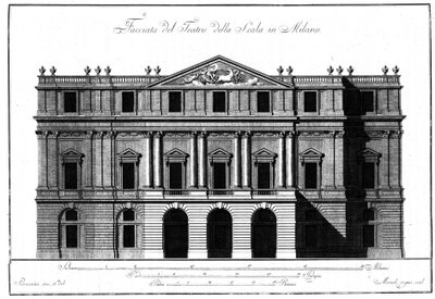 朱塞佩-皮尔马里尼（1734-1808）绘制的米兰斯卡拉剧院（Teatro alla Scala）的外墙建筑图。 作者 Giuseppe Piermarini