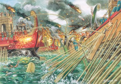 古罗马：公元前 31 年 9 月 2 日，屋大维的军队与马克-安东尼和克里奥帕特拉七世的联合军队之间的阿克提姆战役 - 插图：Giuseppe Rava 作者 朱塞佩·拉瓦（Giuseppe Rava）