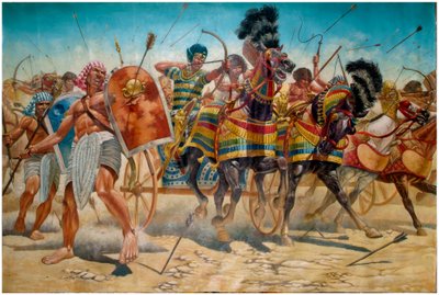埃及古物：拉美西斯二世法老（公元前 1304-1213 年）与他的军队在公元前 1274 年卡德什战役中驾驶坦克的场景 - 拉美西斯二世法老（公元前 1303 年 ð 公元前 1213 年）与他的军队在公元前 1274 年古埃及卡德什战役中的场景 - 插图 作者 朱塞佩·拉瓦（Giuseppe Rava）