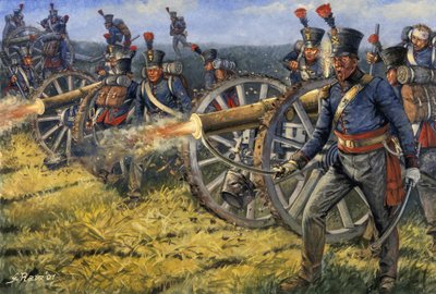 第一帝国：第一帝国：1815 年 6 月 18 日滑铁卢战役期间比利时和荷兰炮兵士兵用大炮射击 - 插图：Giuseppe R 作者 朱塞佩·拉瓦（Giuseppe Rava）