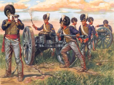 第一帝国：第一帝国：1815 年滑铁卢战役中装填大炮的英国炮兵士兵 - 第一帝国：1815 年滑铁卢战役中装填大炮的英国炮兵士兵 - 插图：Giuseppe Rava 作者 朱塞佩·拉瓦（Giuseppe Rava）