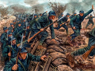 第一次世界大战：意大利步兵的突击--第一次世界大战：从战壕中冲锋的意大利士兵--朱塞佩-拉瓦的插图 作者 朱塞佩·拉瓦（Giuseppe Rava）
