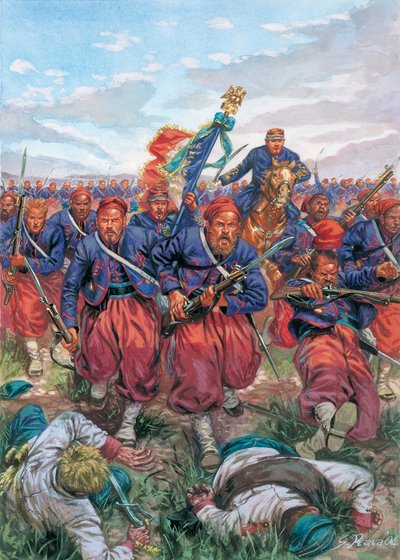 1859 年意大利战役（第二次意大利独立战争）：1859 年 6 月 24 日索尔费里诺战役中拿破仑三世的法国军队 Zouaves 的冲锋 - 第二次意大利独立战争（法国-奥地利战争、奥地利-撒丁岛战争、奥地利-意大利独立战争）：1859 年 6 月 24 日索尔费里诺战役中拿破仑三世的法国军队 Zouaves 的冲锋 - 第二次意大利独立战争（法国-奥地利战争、奥地利-撒丁岛战争、奥地利-意大利独立战争 作者 朱塞佩·拉瓦（Giuseppe Rava）