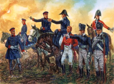 拿破仑战争：威灵顿公爵亚瑟-韦尔斯利（1769-1852 年）指挥英军，布卢彻（1742-1819 年）指挥普鲁士军队参加 1815 年 6 月 18 日的滑铁卢战役--（拿破仑战争：威灵顿公爵的指挥官）。 作者 朱塞佩·拉瓦（Giuseppe Rava）