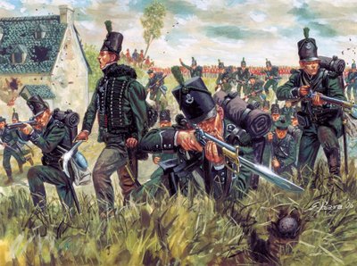 拿破仑战争：1815 年 6 月 18 日滑铁卢战役中第 95 飞行团的英国步枪手保卫采沙场 -（拿破仑战争：1815 年 6 月 18 日滑铁卢战役中英国步枪手保卫采沙场）插图：Giusep 作者 朱塞佩·拉瓦（Giuseppe Rava）