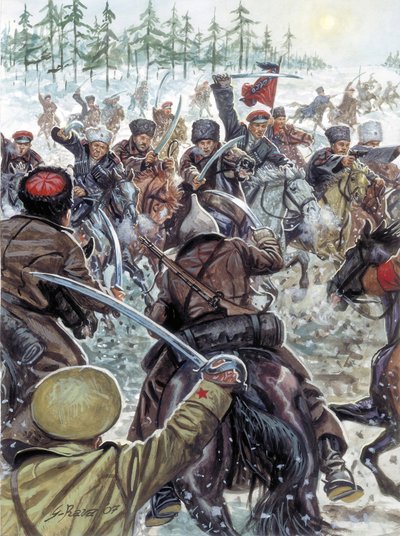 俄罗斯内战（1917-1923 年）：1919 年站在白军一边的高加索士兵 - 俄罗斯内战：1919 年哥萨克与白俄军队作战 - 朱塞佩-拉瓦插图 作者 朱塞佩·拉瓦（Giuseppe Rava）