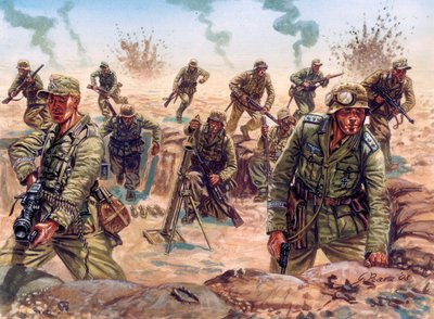 第二次世界大战，北非战役：德国远征军 "德国非洲军团"（Afrika Korps，Afrikakorps 或 DAK）在利比亚沙漠的士兵 作者 朱塞佩·拉瓦（Giuseppe Rava）