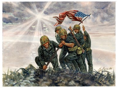 第二次世界大战，太平洋战争：硫磺岛战役，1945 年 2 月美国海军陆战队的胜利 - 第二次世界大战，太平洋战争：硫磺岛战役（支队行动），美国海军陆战队升起美国国旗，1945 年 2 月，日本 - 插图：Giuseppe Rava 作者 朱塞佩·拉瓦（Giuseppe Rava）