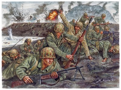 第二次世界大战，太平洋战争：1945 年 2 月 19 日在日本硫磺岛战役中登岸的海军陆战队两栖部队 - 第二次世界大战，太平洋战争：1945年2月19日美国海军陆战队两栖登陆硫磺岛战役（支队行动）--插图 作者 朱塞佩·拉瓦（Giuseppe Rava）