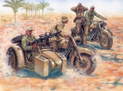 第二次世界大战：德国非洲军团（DAK Afrika Korps）驾驶着宝马越野车在利比亚沙漠中奔驰 作者 朱塞佩·拉瓦（Giuseppe Rava）