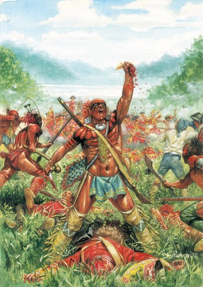 七年战争：1755 年夏，莫农加希拉战役结束了布兰多克从法国人手中夺取杜肯堡的远征--布兰多克远征或失败的英国军事远征，试图夺取法国的杜肯堡。 作者 朱塞佩·拉瓦（Giuseppe Rava）