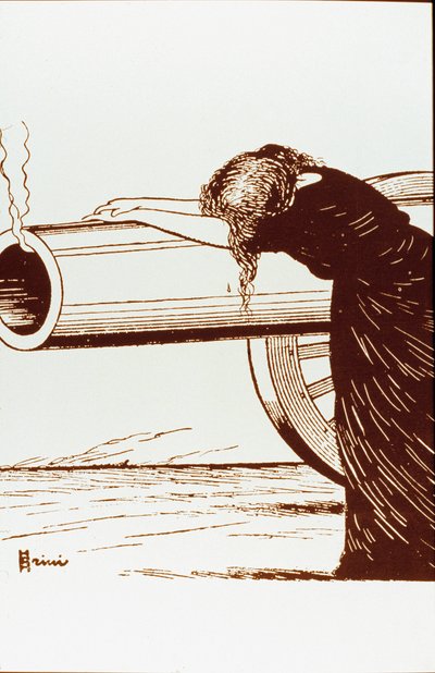 First World War: an allegory of war, a woman, probably widow, in despair, relies on a still smoking cannon. Poster by Giuseppe Scalarini (1873-1948) 1914 Private Collection Attention! The use of this work may be subject to a request for authorization to a  作者 朱塞佩·斯卡拉里尼（Giuseppe Scalarini）