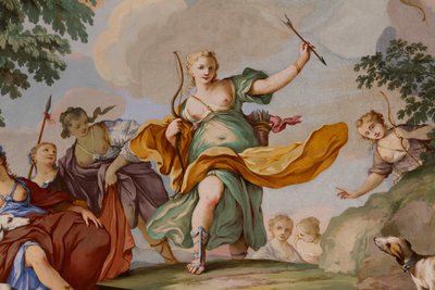 戴安娜神话的再现，由 Domenico 和 Giuseppe Valeriani，壁画，卧室的拱形天花板，国王的公寓，狩猎住宅，由 Filippo Juvarra（1678-1736），Stupinigi，皮埃蒙特，意大利 作者 朱塞佩和瓦莱里亚尼多梅尼科瓦莱里亚尼