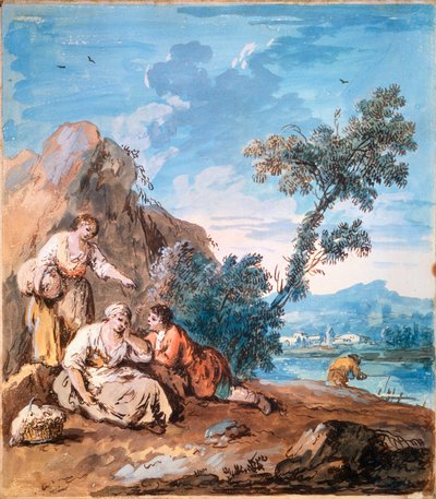 基于河岸，c1750的三个农民。 作者 朱塞佩·扎伊斯（Giuseppe Zais）