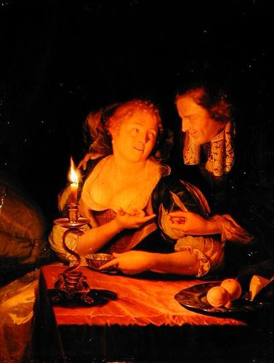 绅士向女士提供戒指（油画板）。 作者 戈弗里德·沙尔肯