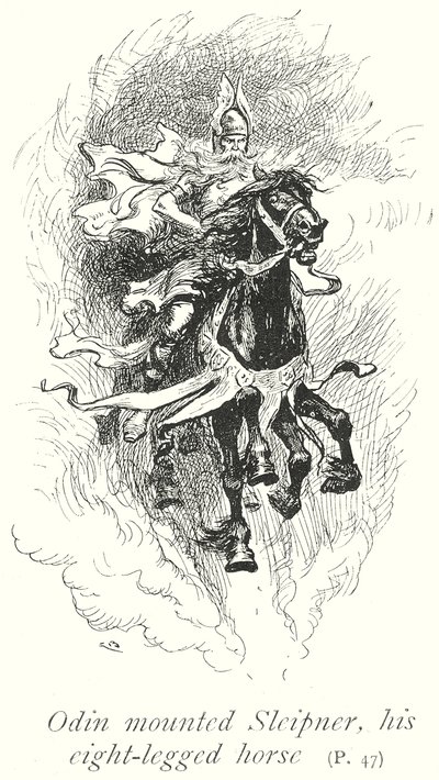 奥丁骑着斯莱普纳，他的八脚马（石版画） 作者 戈登·弗雷德里克（后）·布朗