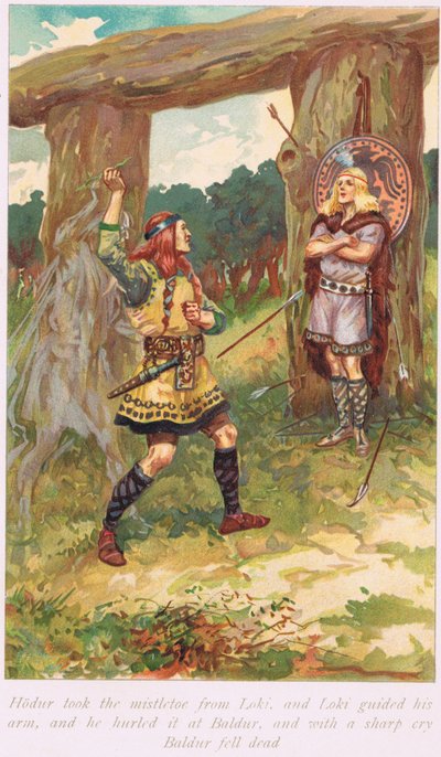Hadur从Loui那里拿走了槲寄生，来自Alice S. Hoffman的“The Book of Sagas”，1926年出版 作者 Gordon Frederick Browne