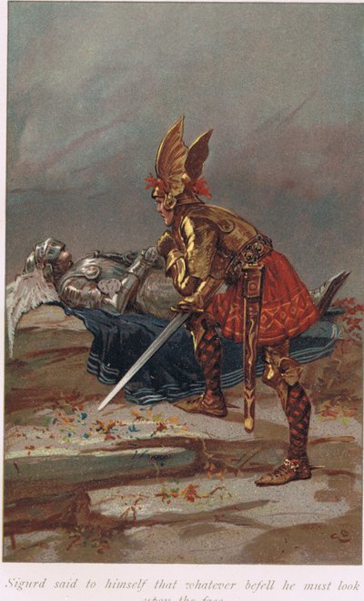 Sigurd对自己说，不管怎样，他必须看一下脸，这是1926年出版的Alice S. Hoffman撰写的“萨迦书”中的插图。 作者 戈登·弗雷德里克·布朗