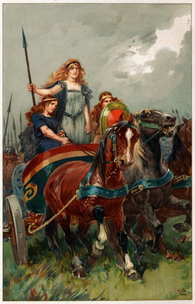“手中的长矛，Boadicea带领他们攻击”，来自Alice S. Hoffman的“英雄历史英雄与女英雄”的插图 作者 Gordon Frederick Browne