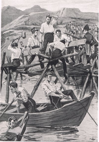 1811年4月3日，瓜迪亚纳大桥的建造，来自“英国陆地和海上战役”的插图，由伦敦卡塞尔出版，c.1910 作者 戈登·弗雷德里克·布朗