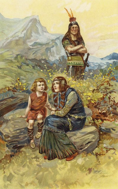债券女人和她的儿子奥拉夫坐在早晨的阳光下（chromolitho） 作者 Gordon Frederick Browne