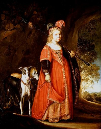 作为戴安娜的一个女孩的画象，在有两只灵狮的一块沼地 作者 Govaert Flinck