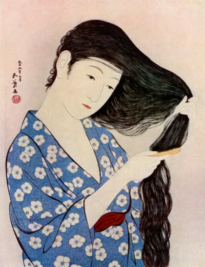 1920 1930年，日本女人梳理头发。 作者 桥口吾代