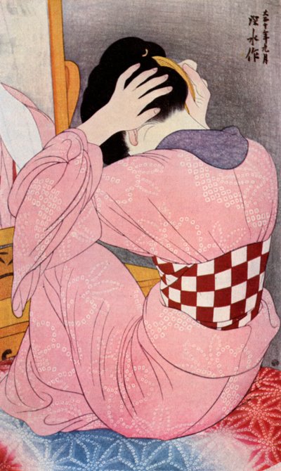 1920年代1930年，一名日本妇女为她的头发梳头。 作者 桥口吾代