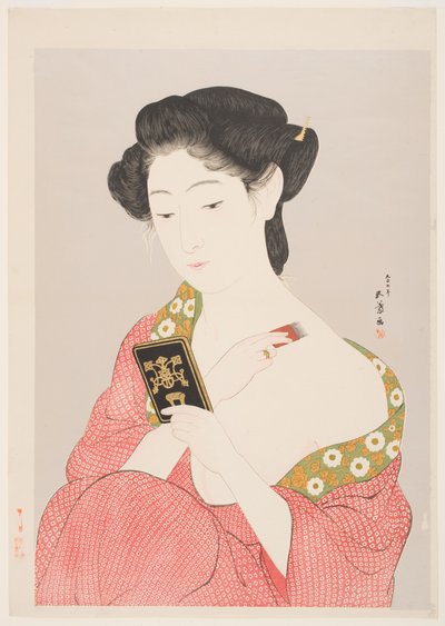 Nagajuban的一个女人粉她的脖子（银云母地面上的彩色木版画） 作者 桥口吾代