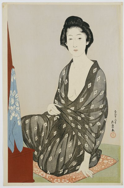 穿着黑色和服的美女，白色的hanabishi图案，坐在镜子前，1920 作者 桥口吾代