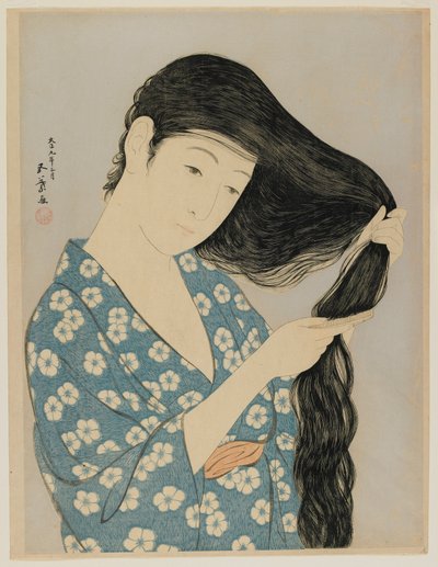 女人梳理她的头发，大正时代，1920年3月（彩色木版画） 作者 桥口吾代