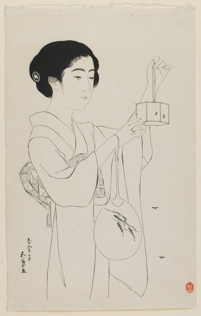 拿着萤火虫笼子的女人，大正时代，1920年7月（木版画） 作者 桥口吾代