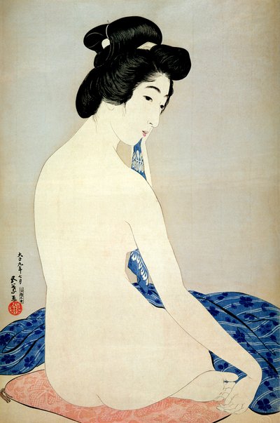 沐浴后的妇女，由Shosaburo Watanabe，1920年出版，（彩色木版画） 作者 桥口吾代
