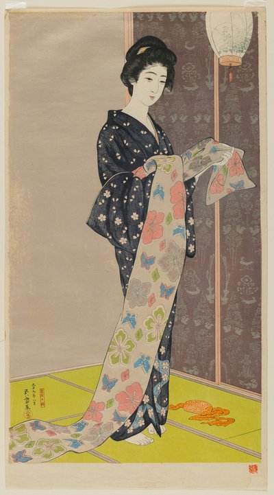 女人在夏天和服（Kaso no musume）大正时代，1920年8月（彩色木版画） 作者 桥口吾代
