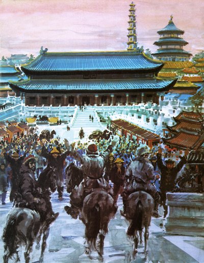 马可-波罗与他的父亲和叔叔走近大汗的宫殿，20 世纪（石版画） 作者 格雷厄姆·科顿