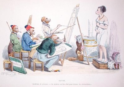 模特儿是完美的，可以让人分心"，来自《每日变形记》系列的漫画，1854年再版（彩色雕刻）。 作者 格兰维尔
