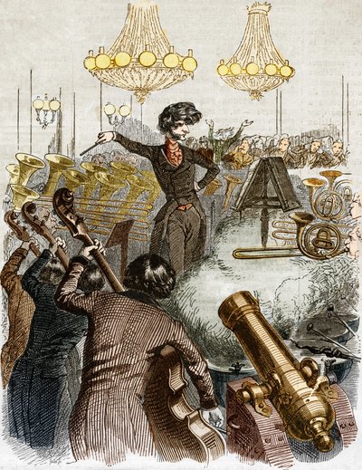 A concert has a machine gun. Cartoon by Hector Berlioz conducting an orchestra. In “” Jerome Paturot in search of a social position”” illustrated by Grandville. 作者 格兰维尔