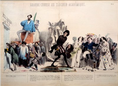 伟大的竞赛到了学术的钟楼上。作家阿尔弗雷德-德-维尼（1797-1863）、尤金-苏（1804-1857）、亚历山大-大仲马（1802-1870）和霍诺雷-德-巴尔扎克（1799-1850）被认出。杰拉德-格兰德维尔（1803-1847）的雕刻作品 作者 格兰维尔