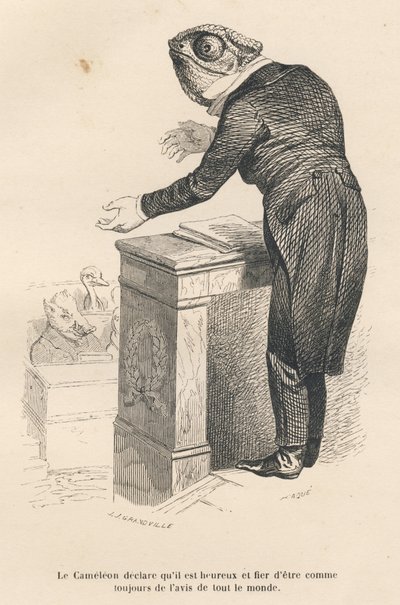 来宾宣称，他很高兴，也很自豪，因为在大家看来，他一如既往。JJ Granville的插图小品。卡克在PJ Stahl撰写的题为 "Resume parlementaire "的序言中签名的雕刻，该序言载于《Scenes de la vie privee et》。 作者 格兰维尔