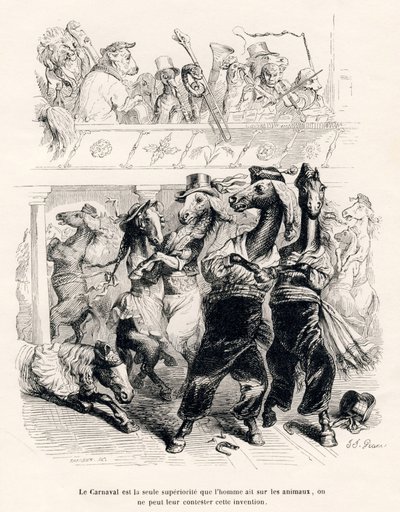 马匹的狂欢节。由JJ-格兰维尔绘制的小插图。由Honore de Balzac在 "Scenes de la vie privee et publique des animaux "中撰写的题为 "Voyage d