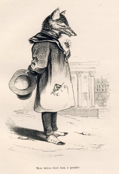 我的英雄很好拿。由JJ-格兰维尔绘制的小插图。题为 "Un renard pris au piege "的雕版画，由Charles Nodier在 "Scenes de la vie privee et publique des animaux "中书写。巴黎, J. Hetzel et Paulin 作者 格兰维尔